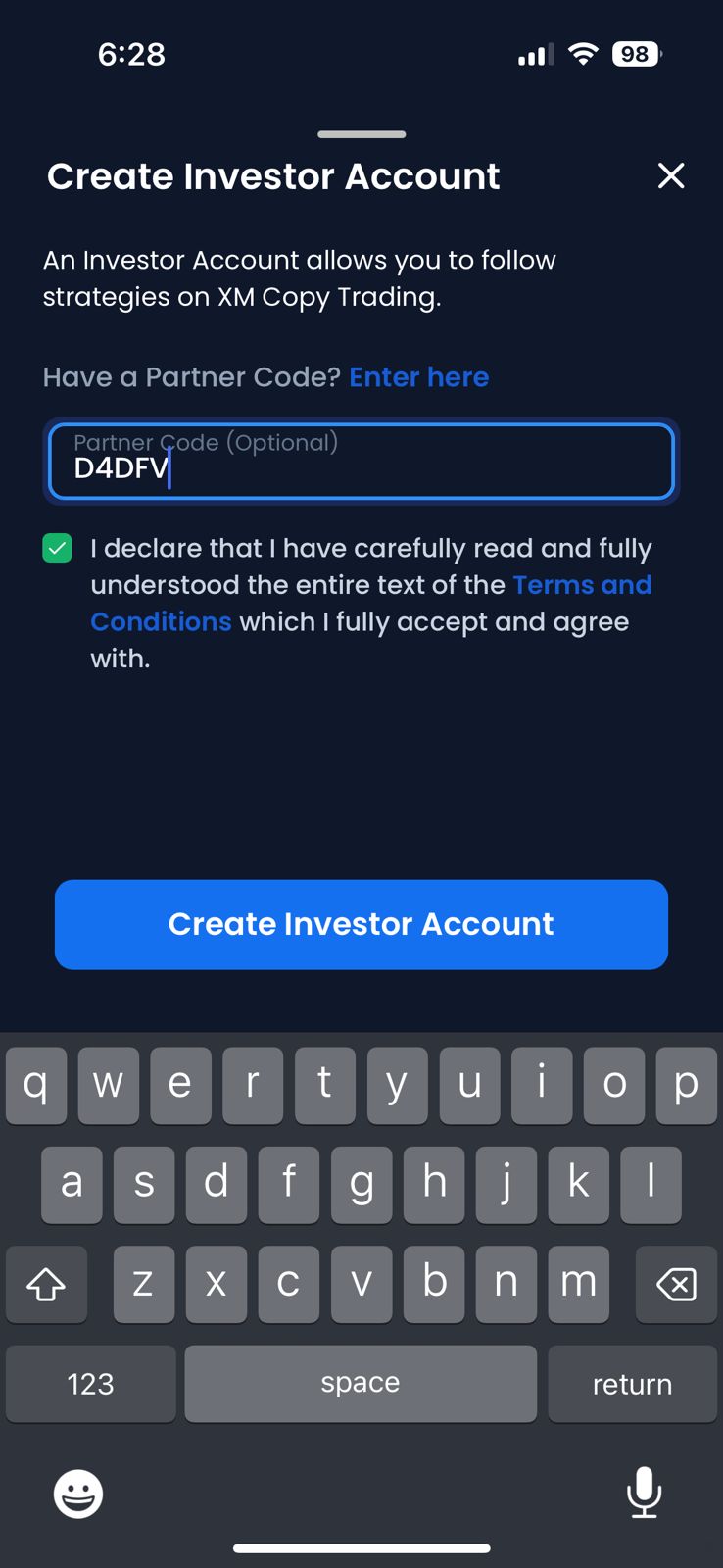 Investor account creation