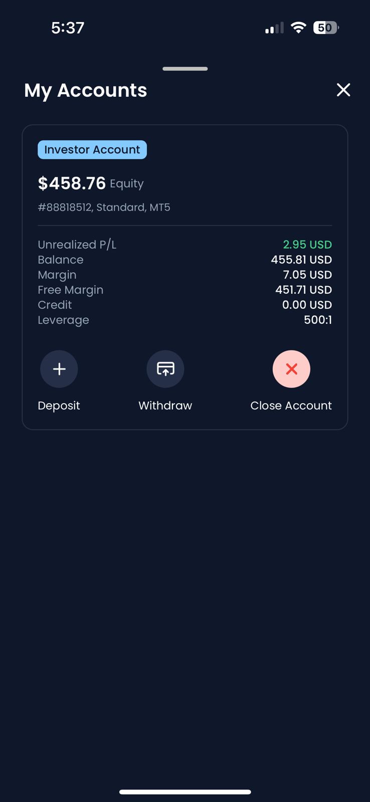 Investor account funded