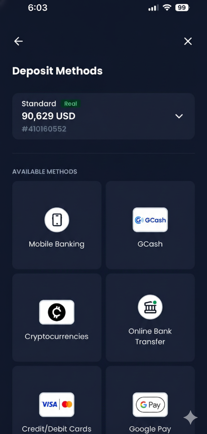 Deposit screen - choose payment method