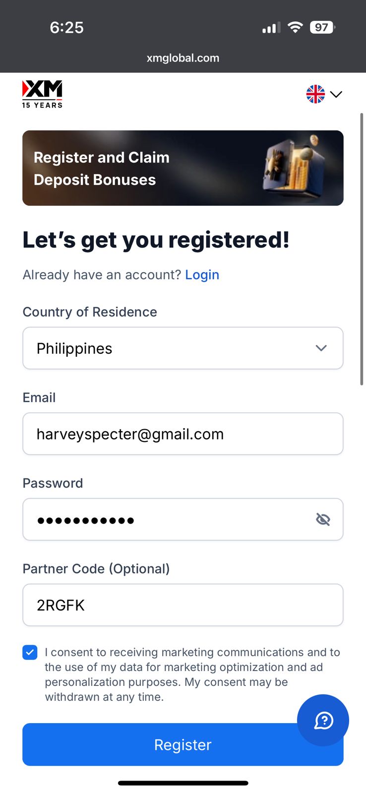 Start Trading button on XM referral landing