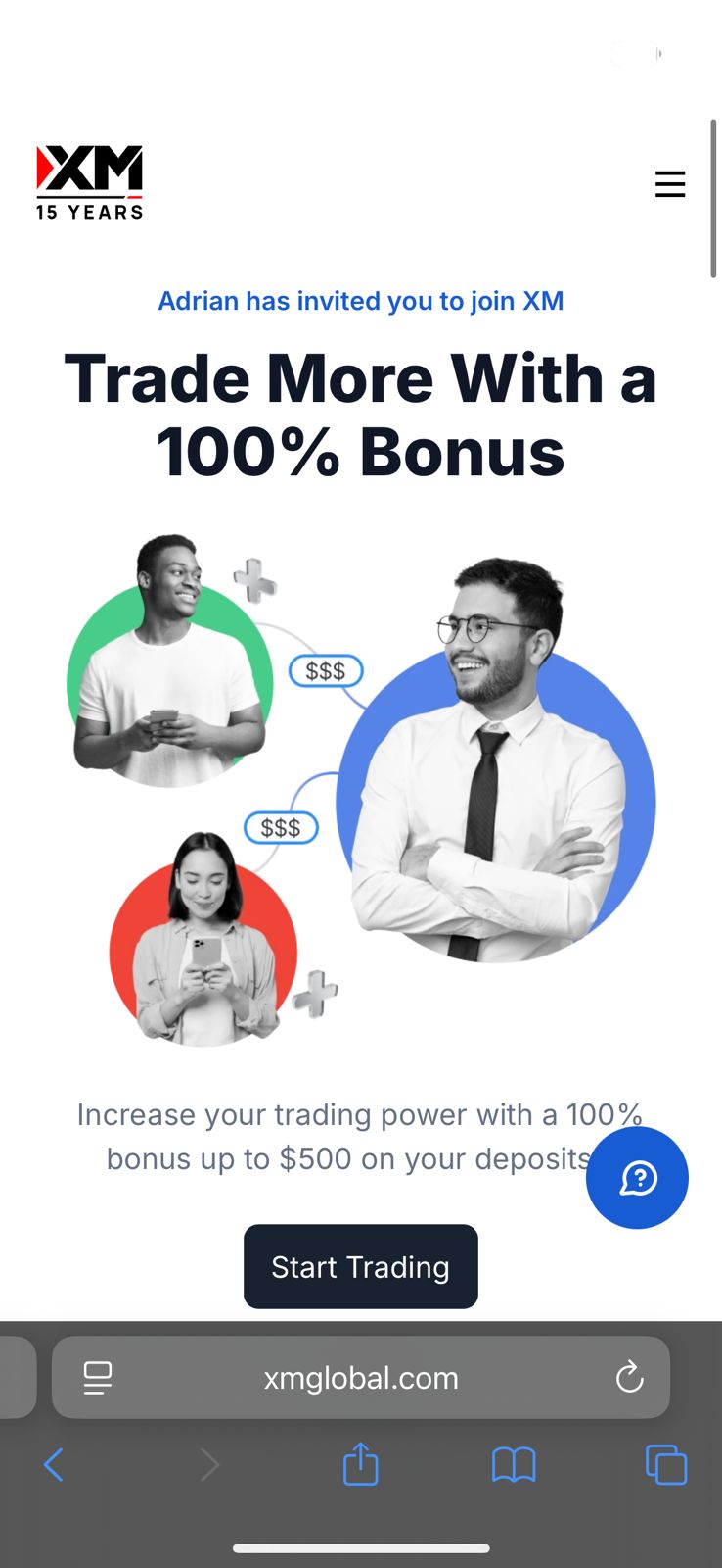 XM referral page after clicking the link